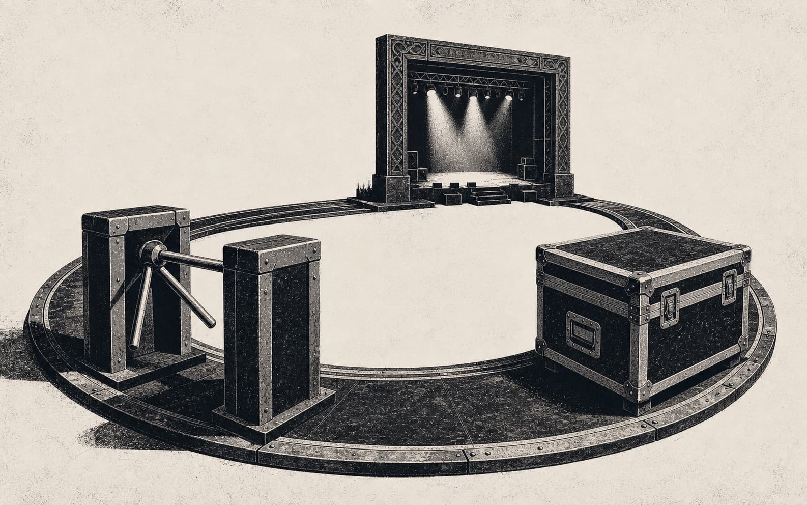 Monochrome screenprint of a ticket gate, stage, and settlement case connected by one continuous operational track